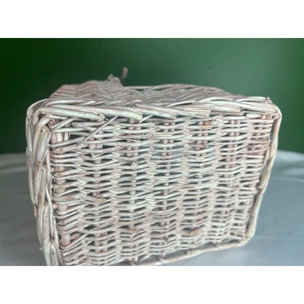 Vintage Wicker Doll Bassinet Basket Hooded Pink Whitewash Nursery Decor Prop